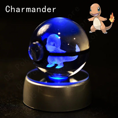 Esfera de Cristal 3D Pokémon 7CM 5CM Mewtwo Pikachu Gengar Bola de Cristal de Vidro Pokémon Pokebola Luminária Noturna LED com Base de Presente