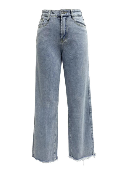 Women Denim Tassel Wide Leg Pants Jeans Washing Loose Fit Mid Waist Pockets Zipper Fly Solid Color Ankle Length Pants Basics