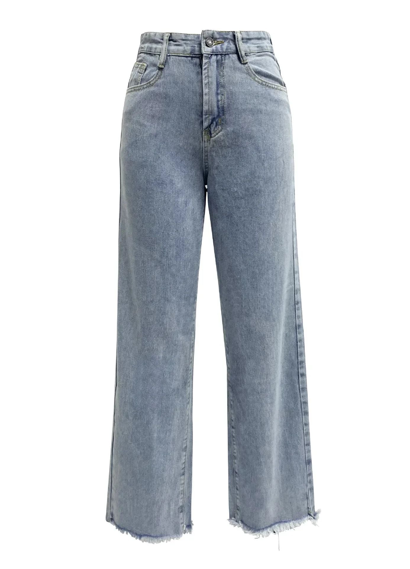 Women Denim Tassel Wide Leg Pants Jeans Washing Loose Fit Mid Waist Pockets Zipper Fly Solid Color Ankle Length Pants Basics