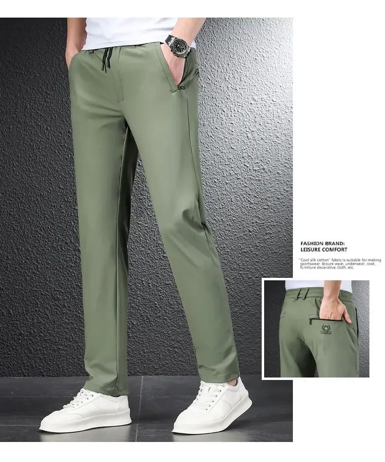 2024 Summer Soft Ice Silk Fabric Men's Thin Casual Pants Korean-style Fashion  Straight High Stretch Trousers Male Luxury Brand