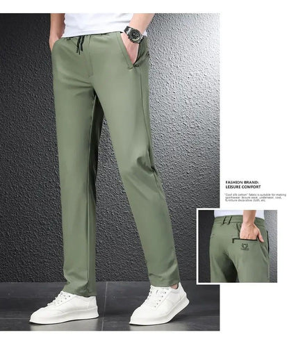 2024 Summer Soft Ice Silk Fabric Men's Thin Casual Pants Korean-style Fashion  Straight High Stretch Trousers Male Luxury Brand