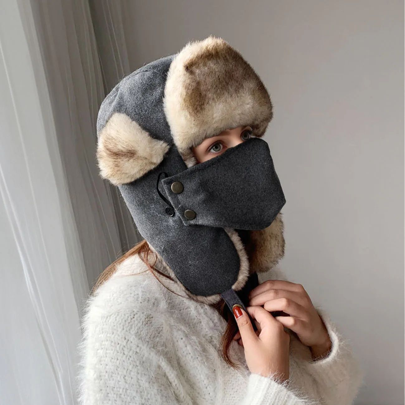 Women Winter Trooper Trapper Hat  Plush Warm Winter Hats with Removable Face Mask Earflaps Hunting Outdoor Hat Protective Warm