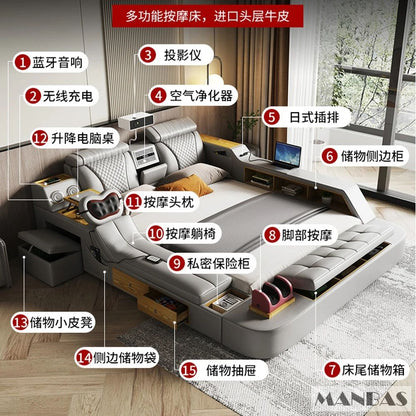 Linlamlim Ultimate Multifunctional Bedframe - Tech Smart Bed with Genuine Leather, Massage, Speaker, Projector, Air Purifier