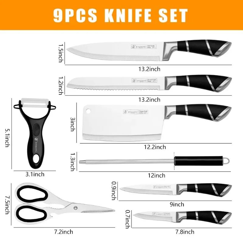 ZENG Conjunto de Facas de Cozinha 9 peças Aço Inoxidável Afiadas Facas de Chef Antiaderentes com Afiador para Cortar Fatiar Picar