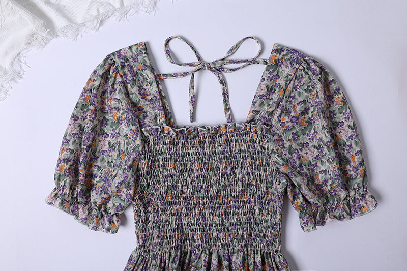Summer Pleated Women Chiffon Dresses Casual Beach Holiday Short Sleeve Square Co