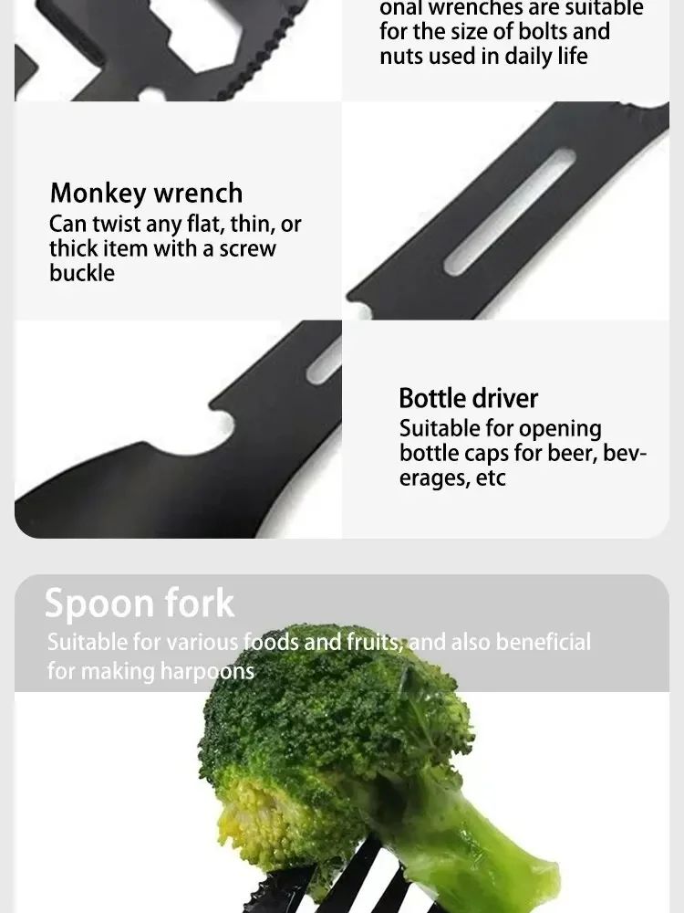 Outdoor Multi-functional 5-in-1 EDC Camping Survival Tool Stainless Steel Fork Knife Spoon Can Opener Bottle Opener Wrench