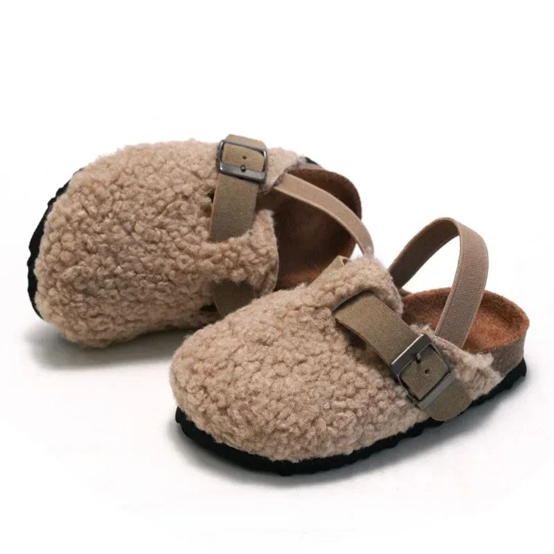Children's Fleece Elastic Clogs Baby Boys Girls Plush Slipper Toddler Prewalker Footwear Winter Warm Soft Sole Shoes