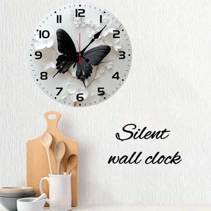 Black Butterfly Flower Wooden Round Silent Hanging Wall Clock,Suitable For Living Room,Office,Study Room,Bedroom,Home Decoration