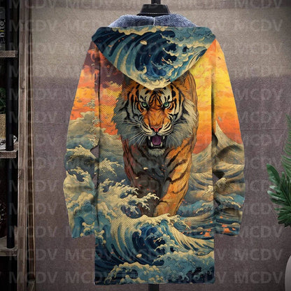 Men's Retro Print Plush Thick Long-Sleeved Coat Cardigan Tiger 3D Prined Fleece Hooded Overcoat Unisex Thick Warm Jacket