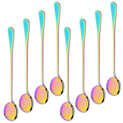 Conjunto de 8 Colheres de Sobremesa Brilhantes Aço Inoxidável Colher de Cabo Longo Adequada para Mexer Chá com Leite Suco Milk-shakes Sorvete Café