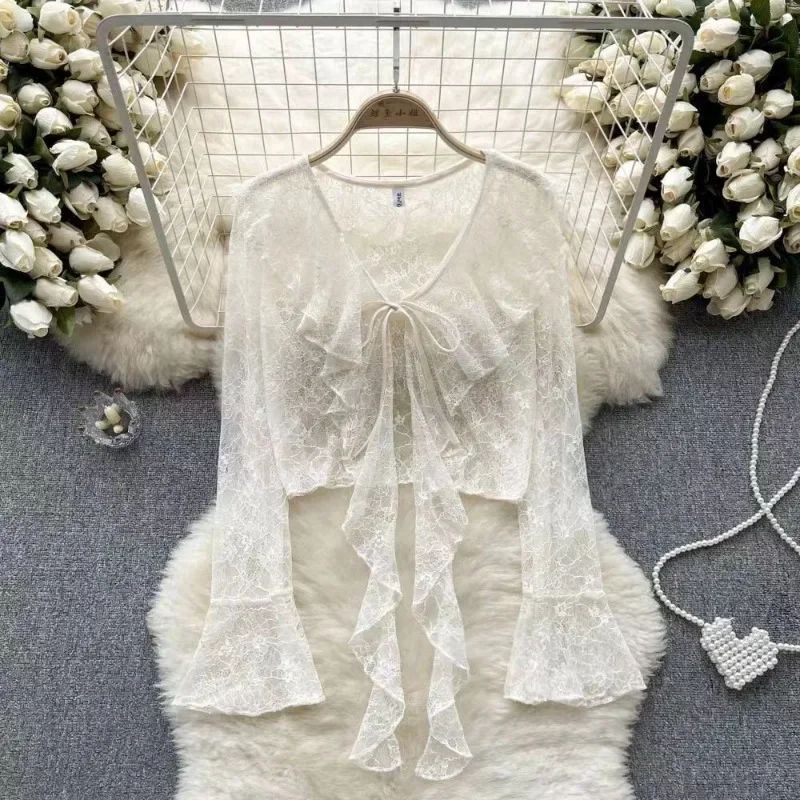 Women's Lace Cover UP Cardigan Cropped Tie Front Bell Sleeves Blouse Lightweight Shawl Jacket outwear blouse for covers clothing