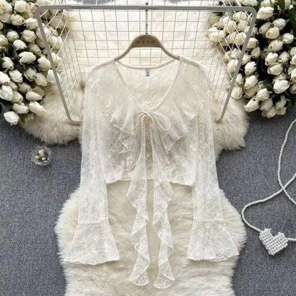 Women's Lace Cover UP Cardigan Cropped Tie Front Bell Sleeves Blouse Lightweight Shawl Jacket outwear blouse for covers clothing