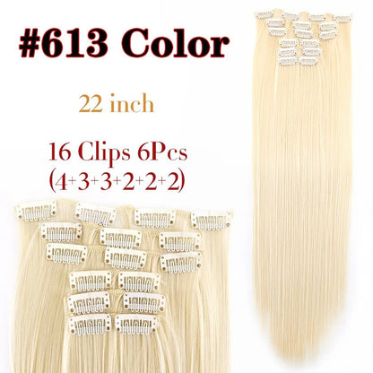 22 Polegadas Sintético Cabelo Liso Longo 16 Clipes 6 Peças/Conjunto Apliques de Cabelo Loiro Preto Resistente ao Calor Para Mulheres