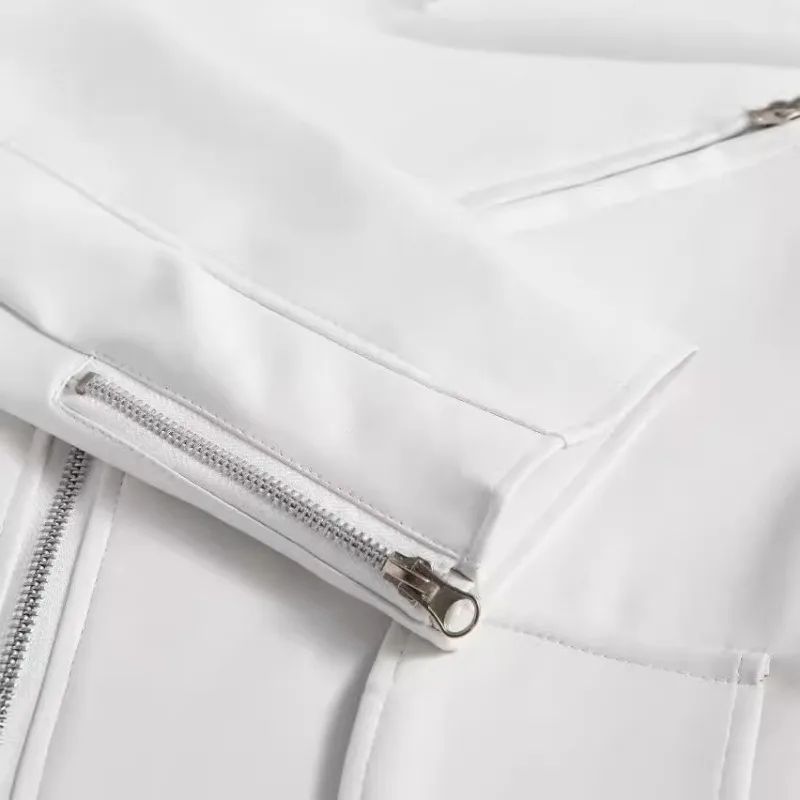 White Leather Jacket Men Fashion Solid Long Sleeve Turn-down Collar Mens Coat