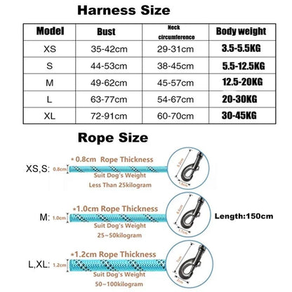 Colete Ajustável para Cães Pequenos e Grandes, Guia Forte de 150cm para Cães, Coleira Refletiva, Para Arrasto e Puxada