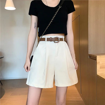 Workwear Shorts for Women High Waist Summer Wide-leg Shorts Belt Khaki Casual Cotton Korean Fashion Solid Pocket Womens Shorts