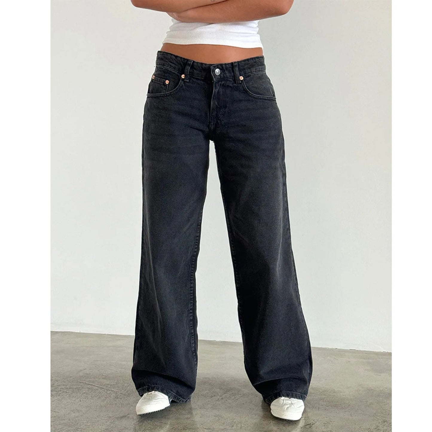 High Waist Straight Leg Women's Jeans Retro American Washed Denim Pants Autumn Street Style Wide Leg Trousers for Women