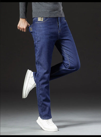 2025 New Classic  Men's Business Casual Velvet Jeans Winter Chinese Embroidery Straight Loose Warm Thick Pants