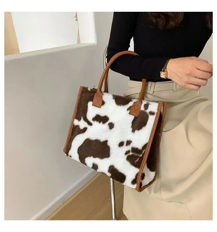 New Women Soft Plush Hand Bag New Winter Leopard Cow Print Tote Bags Female Pu Leather Underarm Bags Furry Fluffy Shoulder Bag