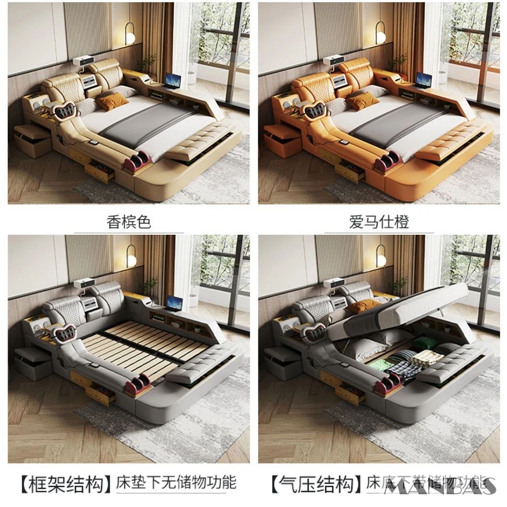 Linlamlim Ultimate Multifunctional Bedframe - Tech Smart Bed with Genuine Leather, Massage, Speaker, Projector, Air Purifier