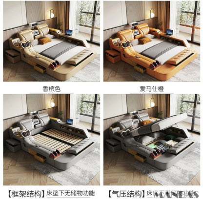 Linlamlim Ultimate Multifunctional Bedframe - Tech Smart Bed with Genuine Leather, Massage, Speaker, Projector, Air Purifier