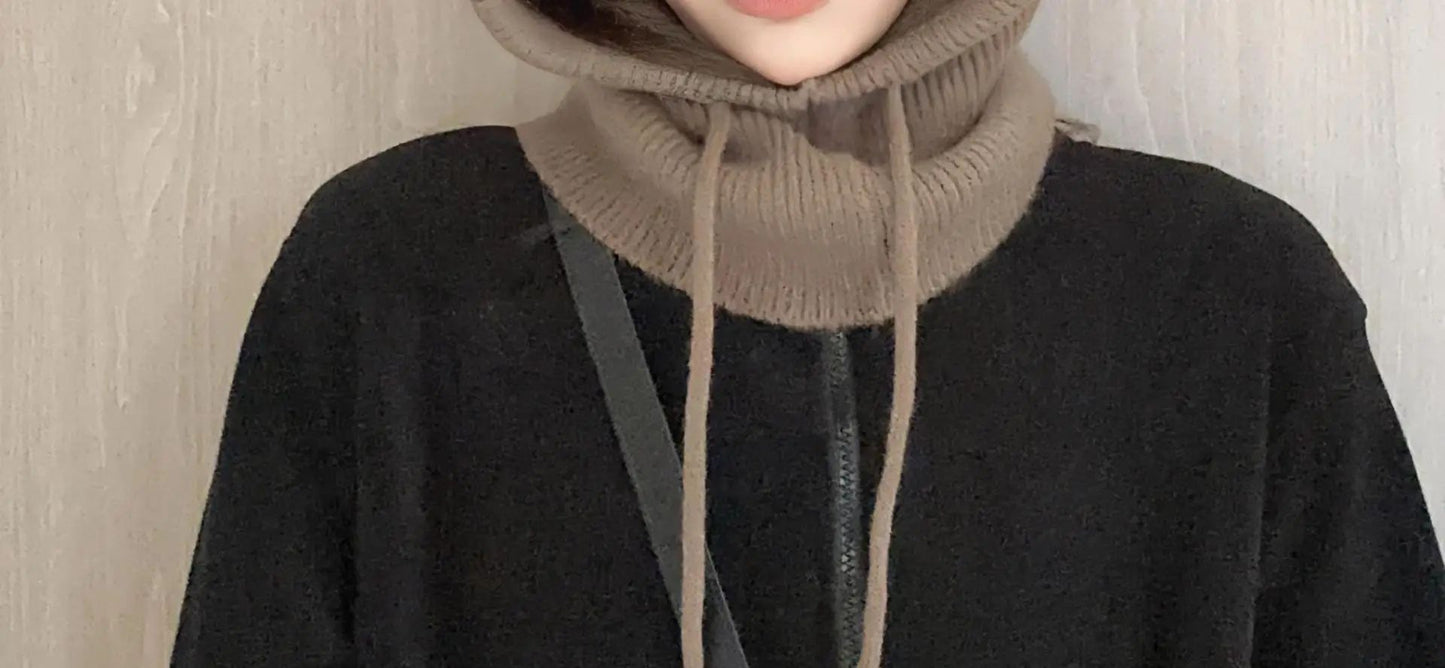 Knitted Hooded Caps Winter Balaclava Hats Women Korean Style Outdoor Warmer Drawstring Hats One-piece Neck Collar Beanies Cap