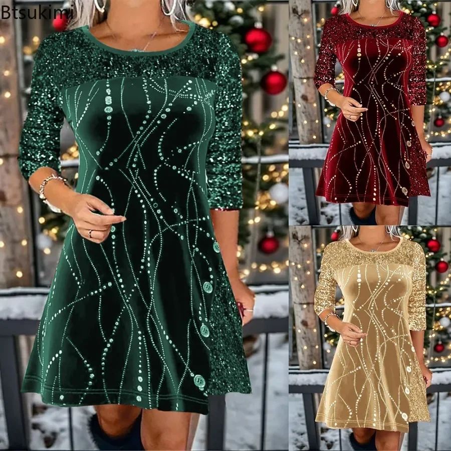 New 2026 Women's Print Casual Christmas Dress Vintage Chic Pattern Mini Dresses Autumn Winter Fashion Sequins Club Party Dress