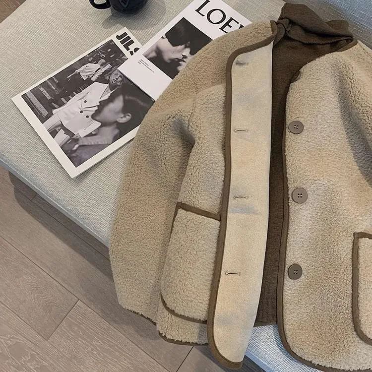 Korean Style Short Lamb Fur Jacket Women's Crew Neck Lazy Style Outerwear Autumn Winter New Arrival Soft Cozy round Neck Top