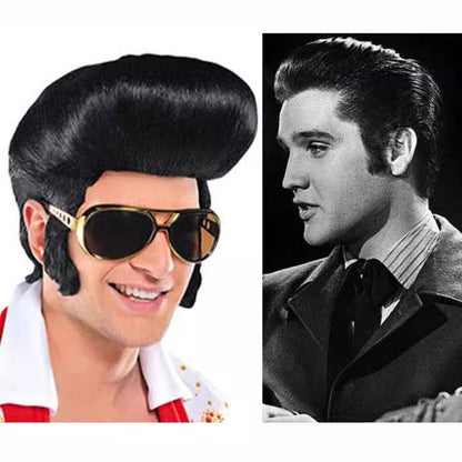 Elvis Presley Wig Glasses Mens Rock Singers Aron Presley Cosplay Wig Party Presley Black Synthetic Hair Wigs