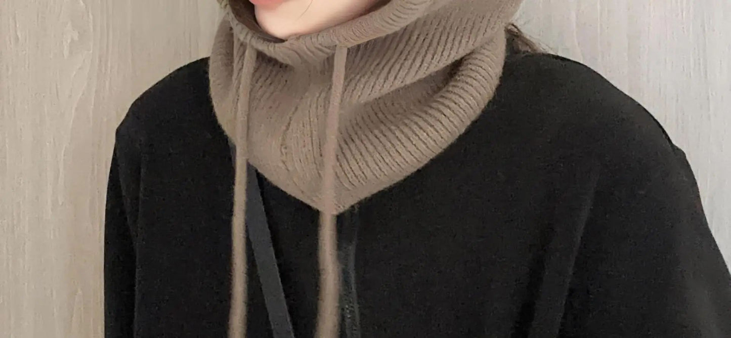 Knitted Hooded Caps Winter Balaclava Hats Women Korean Style Outdoor Warmer Drawstring Hats One-piece Neck Collar Beanies Cap