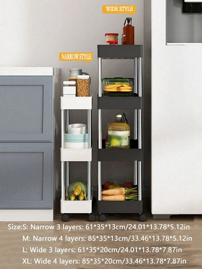 Rack de armazenamento móvel com 3/4 níveis para espaços estreitos, carrinho utilitário com rodinhas, prateleira organizadora fina para cozinha, banheiro e sala de estar