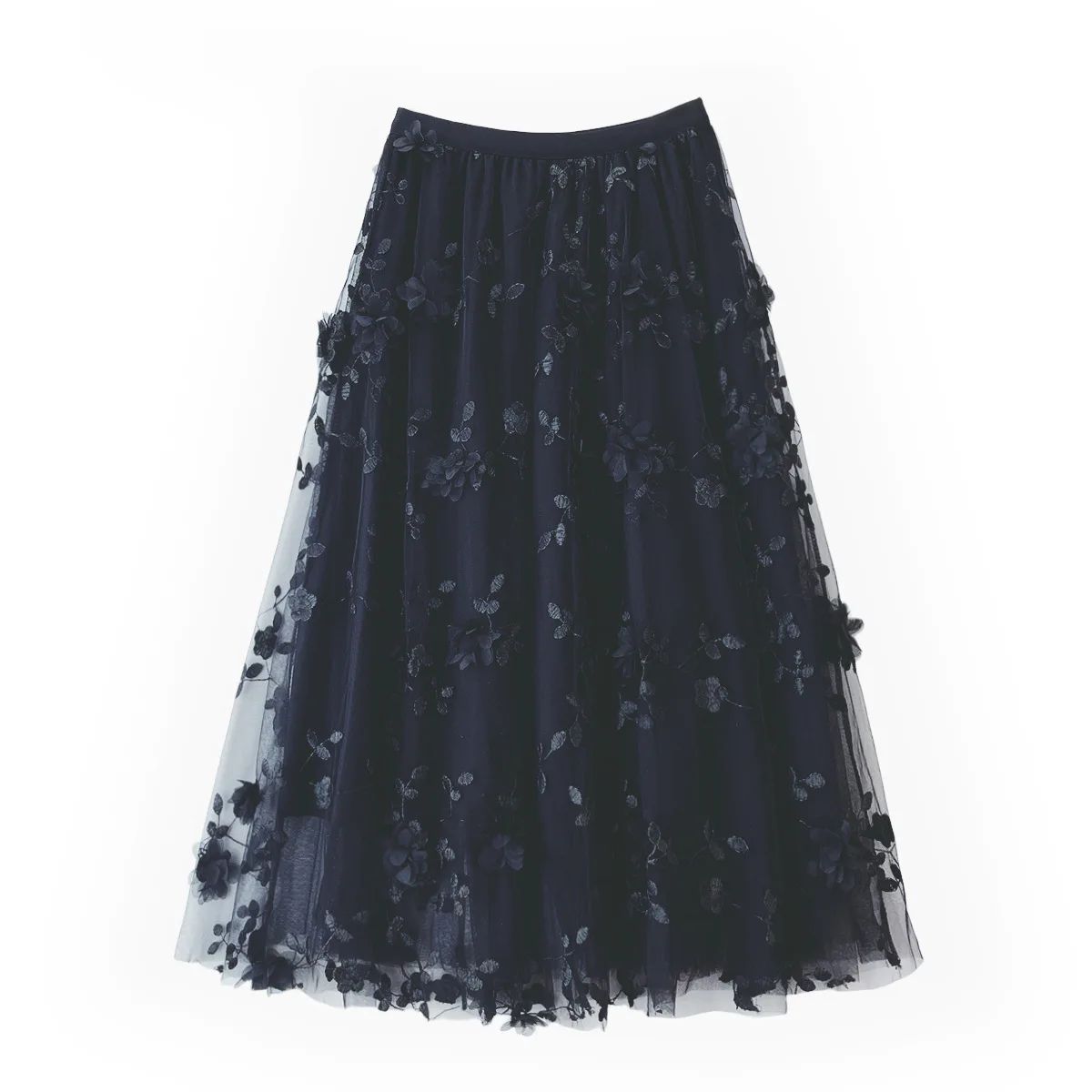 New in A-Line High Waist Embroidery 3D Flower Tulle Midi Skirt Women Spring Summer Pink Chic Elegant Mesh Party Long Skirt