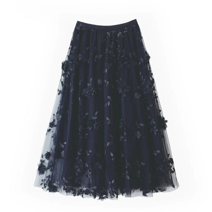New in A-Line High Waist Embroidery 3D Flower Tulle Midi Skirt Women Spring Summer Pink Chic Elegant Mesh Party Long Skirt