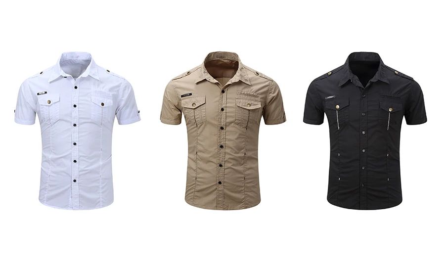 Euro Size White Short Sleeve Men's Uniform Shirt Safari Shirt Summer Casual 100% Cotton Cargo Outdoor Pocket Work Shirts for Men