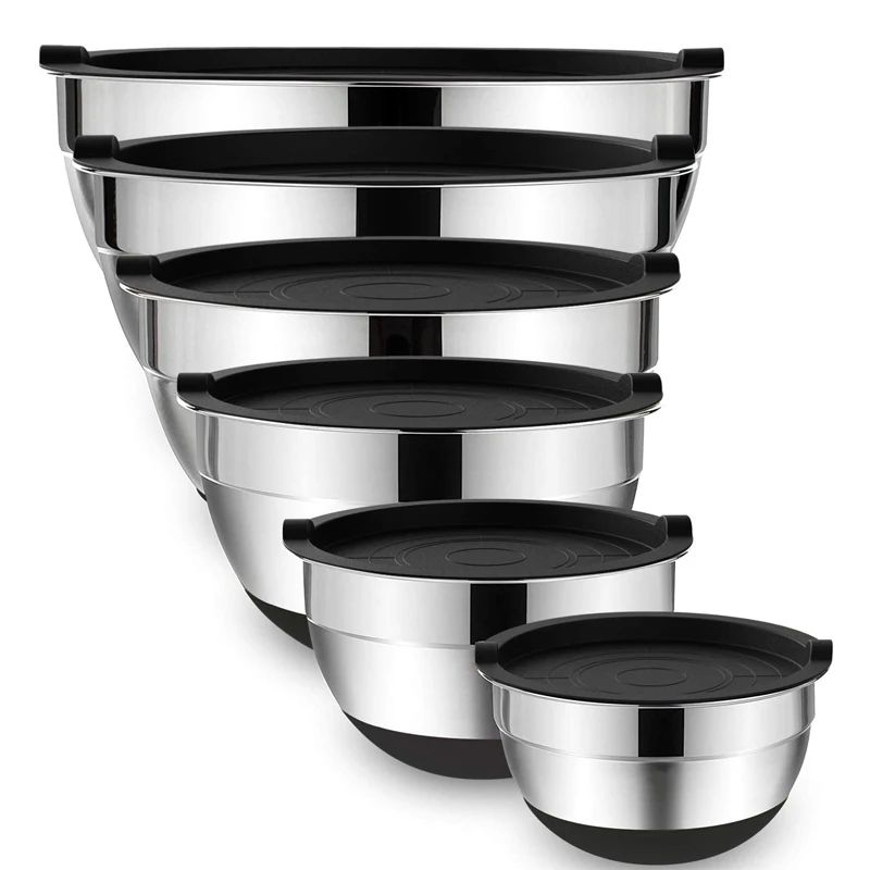 Silicone base thickened with lid cooking basin anti slip salad mixing bowl stainless steel egg beater bowl for kitchen baking