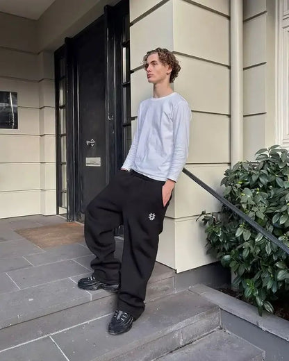 Calça Moletom Bordada Su Jogger Hip Hop Rosa Casual Cintura Elástica Masculina Americana Marinho Y2K Moeda Berlim Street Estilo Anos 2000