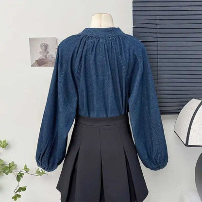 French Vintage Butterfly Knot Belted Bubble Sleeve Shirt Women Spring 2025 New Fashion Ageless Loose Stand Collar Top