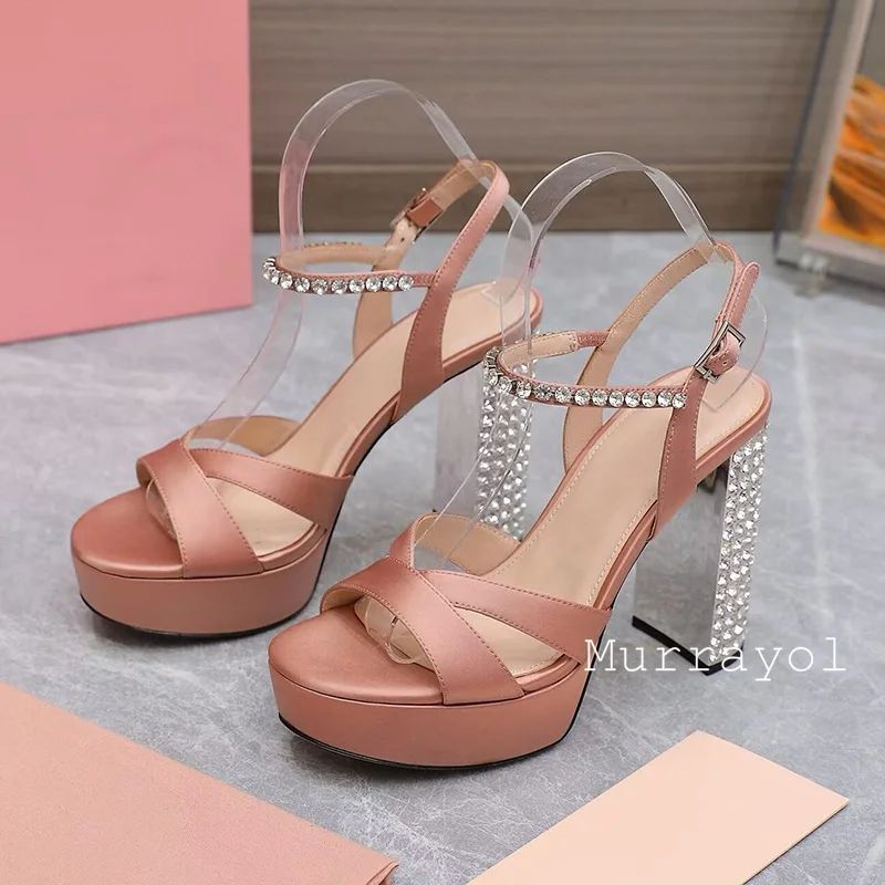 Women Open Toe Rhinestone High Heels Sandals Satin Waterproof Platform Sandalias Summer Party Dress Shoes Pumps Wedding Shoes