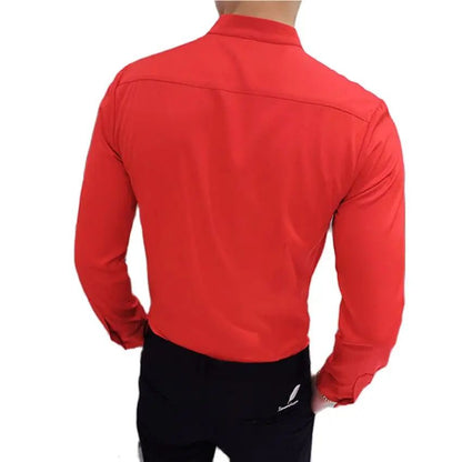 Black Men Long Sleeve Shirt, White Single Breasted Collar Stretch Shirts, Red Fashion Slim Top,Asian Size M-5XL(Korean Slim Fit)