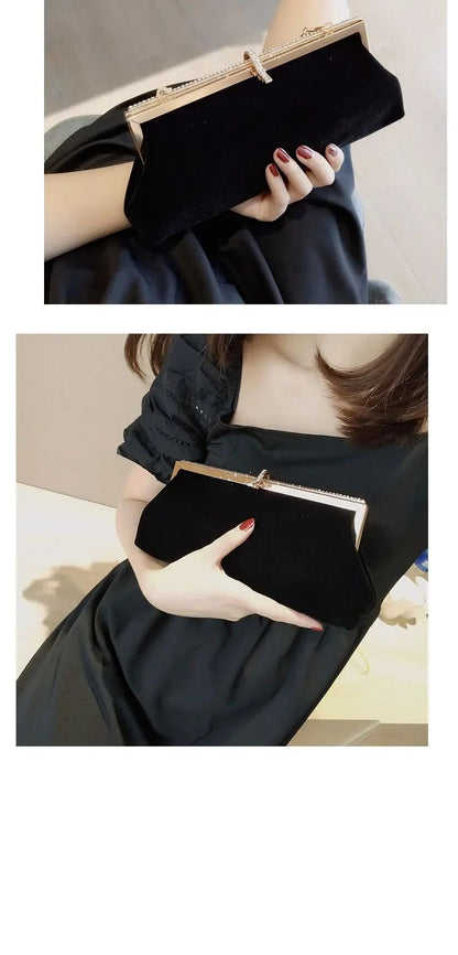 Women Retro Black Velvet Evening Clutch Bag Glitter Rhinestone Buckle Banquet Party Ladies Handbag Purse with Chain