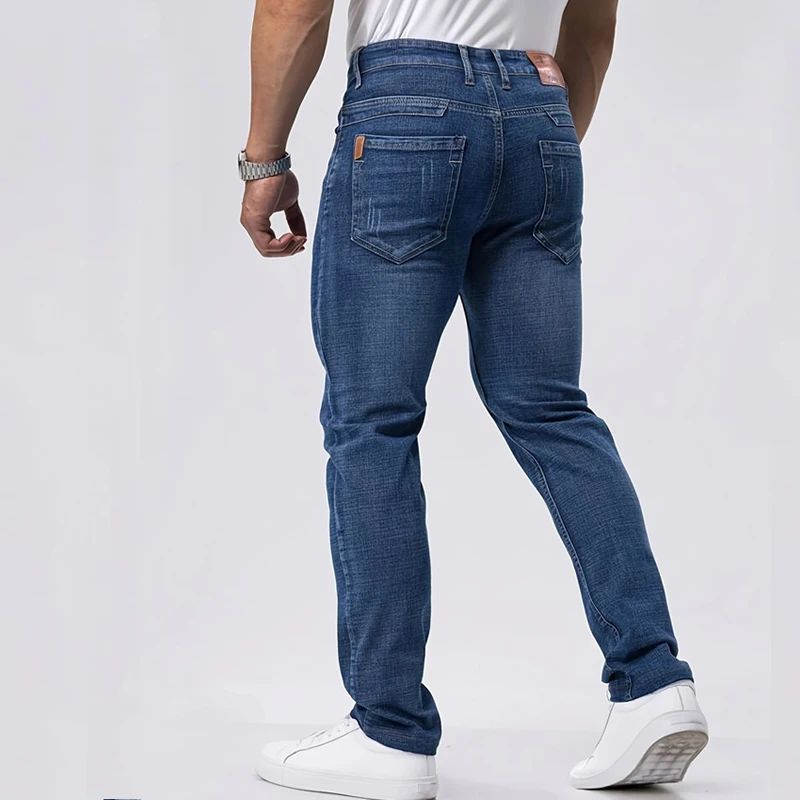 Spring Autumn Business Men Jeans Casual Straight Stretch Fashion Classic Black Sky Blue Grey Work Denim Trousers Brand Clothing