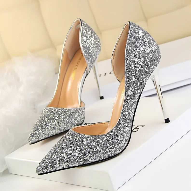 Plus Size 34-43 Women 9.5cm High Heels Stripper  Bling Glod Red Silver Scarpins Pumps Lady Stiletto Wedding Bridal Fetish Shoes