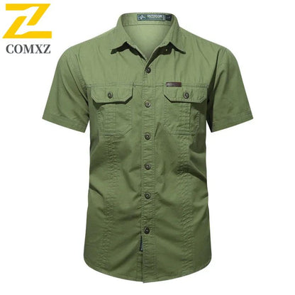 New Mens Work Shirt Casual Retro 100% Cotton Short Sleeve Flying Cargo Shirt Man Summer Fishing Hunting Multi Pocket Shirt 2025