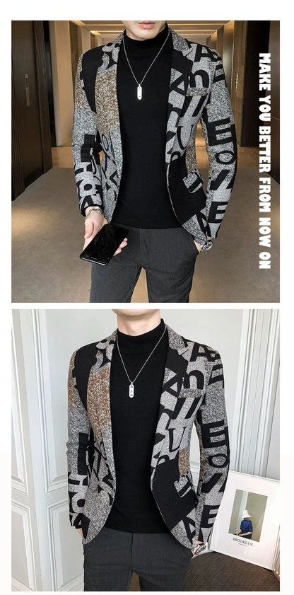 Men's New Suit Jacket Autumn and Winter Men's Letter Printed Suit Jacket Slim Lapel Comfortable Suit Jacket Fashion Woolenjacket