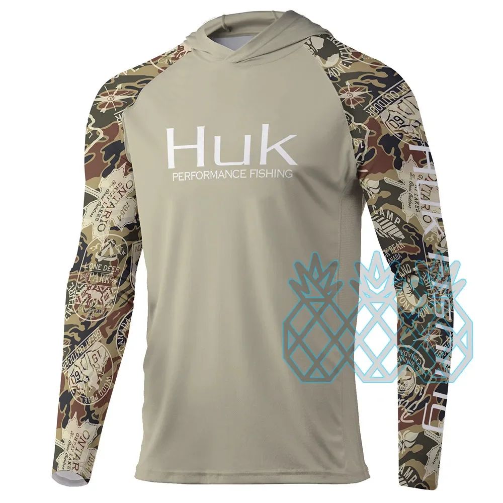 Camisas de Pesca HUK Masculina de Desempenho Manga Longa Moletom com Capuz UPF 50+ Blusas de Pesca Esportes ao Ar Livre Proteção UV Respirável Roupa de Pesca