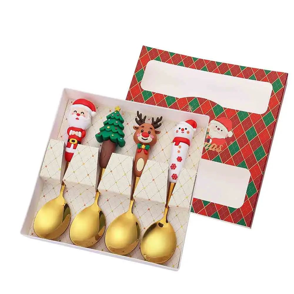4PCS Christmas Cutlery Set Silver Spoon Fork Set Elk Christmas Tree Decoration Dessert Scoop Cake Fork Silverware Coffee Spoon