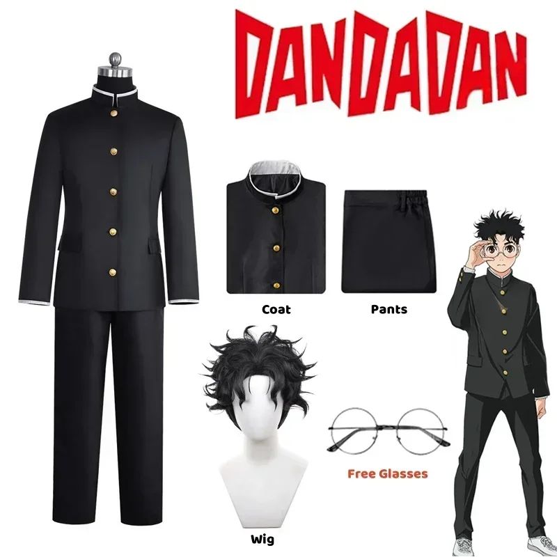Anime Dandadan Ken Takakura Cosplay Costume Okarun School Uniform Black Jacket Gakuran Outfit Glasses Halloween Unisex Costume