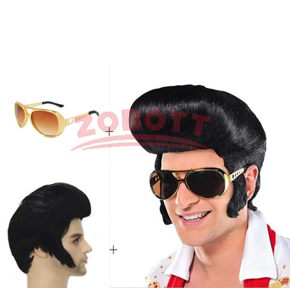 Elvis Presley Wig Glasses Mens Rock Singers Aron Presley Cosplay Wig Party Presley Black Synthetic Hair Wigs