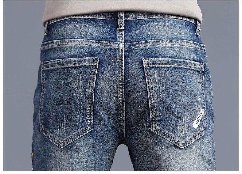 Novas Calças Jeans Masculinas Vintage Coreanas da Moda Slim com Pés Pequenos Bordados Calças Elásticas Masculinas de Sarja Streetwear