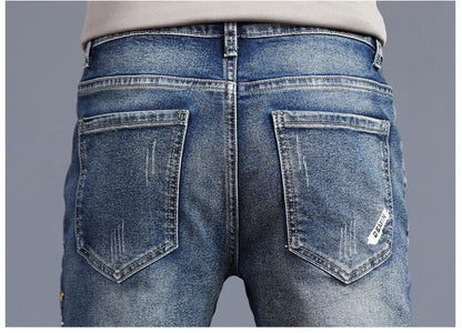 Novas Calças Jeans Masculinas Vintage Coreanas da Moda Slim com Pés Pequenos Bordados Calças Elásticas Masculinas de Sarja Streetwear